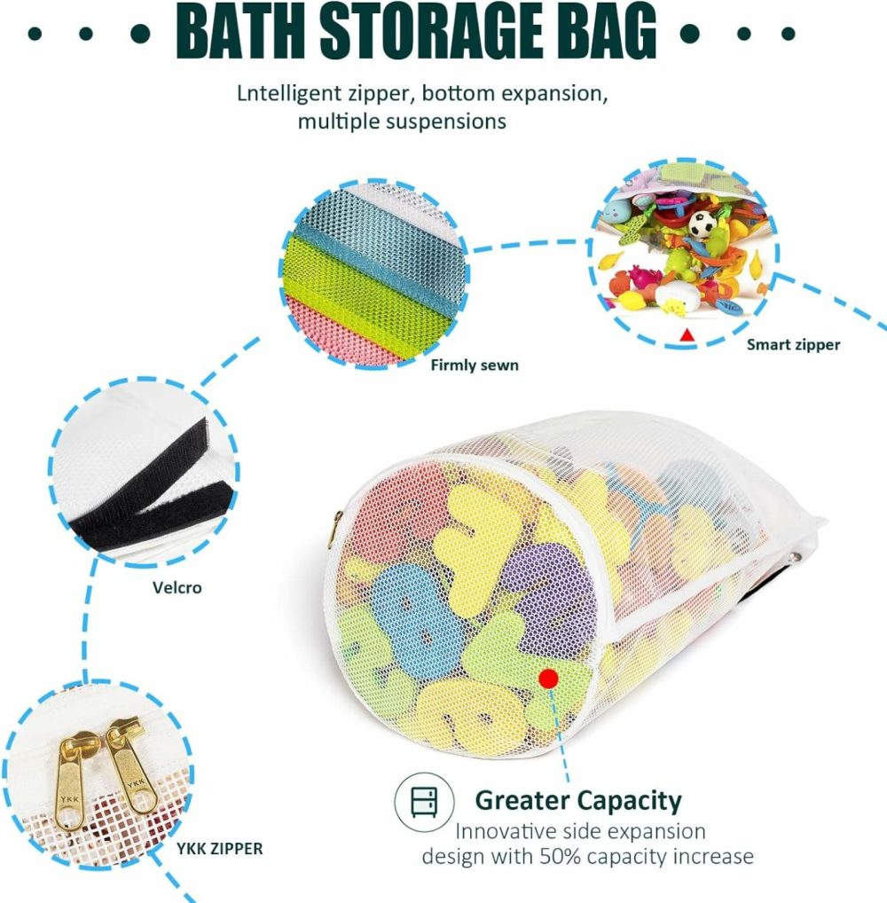 Large Capacity Baby Mesh Bath Toy Organizer  Multiple Ways To Hang  Extra Large Opening Bathroom Toy Storage  Bottom Zipper Bathtub Toy Storage Bag  Baby Shower Games Bath Tub Accessory (White)  |  Bath Toys All Toys Bath Toys