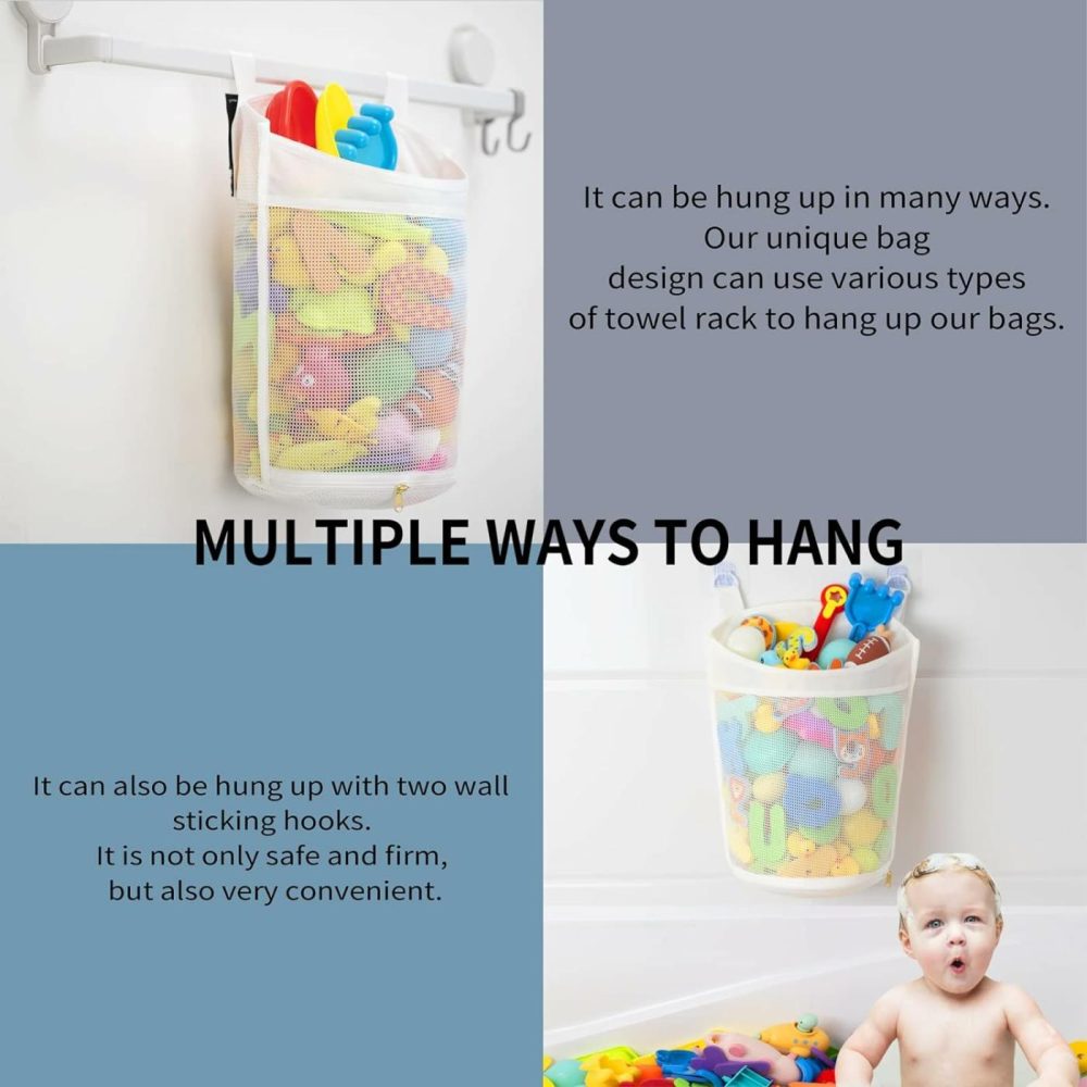 Large Capacity Baby Mesh Bath Toy Organizer  Multiple Ways To Hang  Extra Large Opening Bathroom Toy Storage  Bottom Zipper Bathtub Toy Storage Bag  Baby Shower Games Bath Tub Accessory (White)  |  Bath Toys All Toys Bath Toys