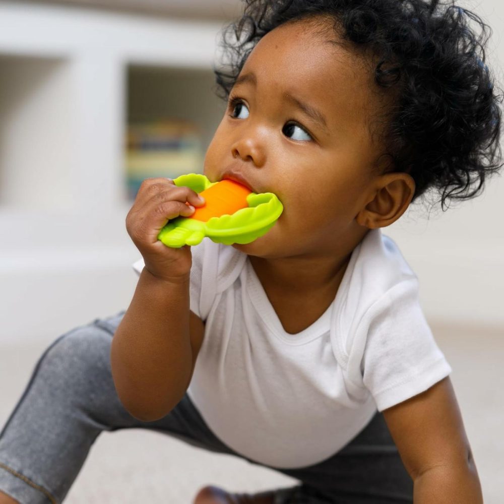 Lil’ Nibbles Textured Silicone Baby Teether – Sensory Exploration And Teething Relief With Easy To Hold Handles  Orange Carrot  0+ Months  |  Teethers All Toys Orange & Green