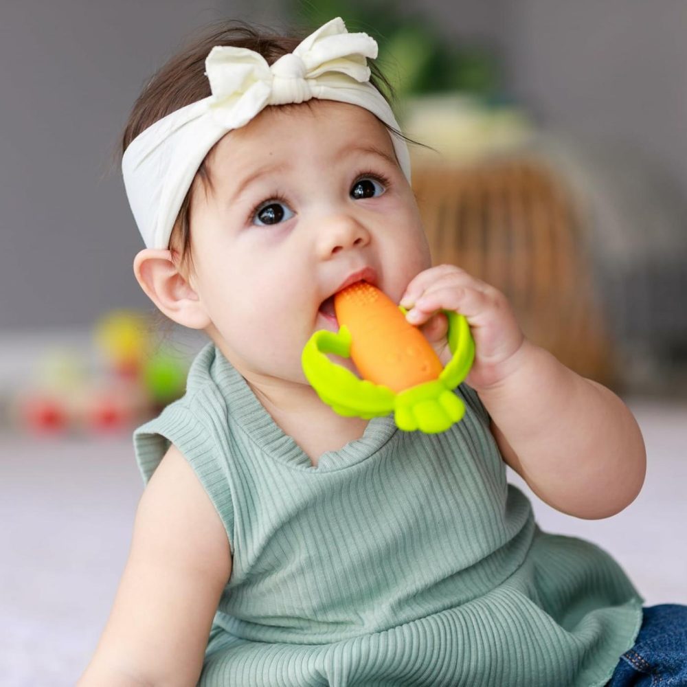 Lil’ Nibbles Textured Silicone Baby Teether – Sensory Exploration And Teething Relief With Easy To Hold Handles  Orange Carrot  0+ Months  |  Teethers All Toys Orange & Green