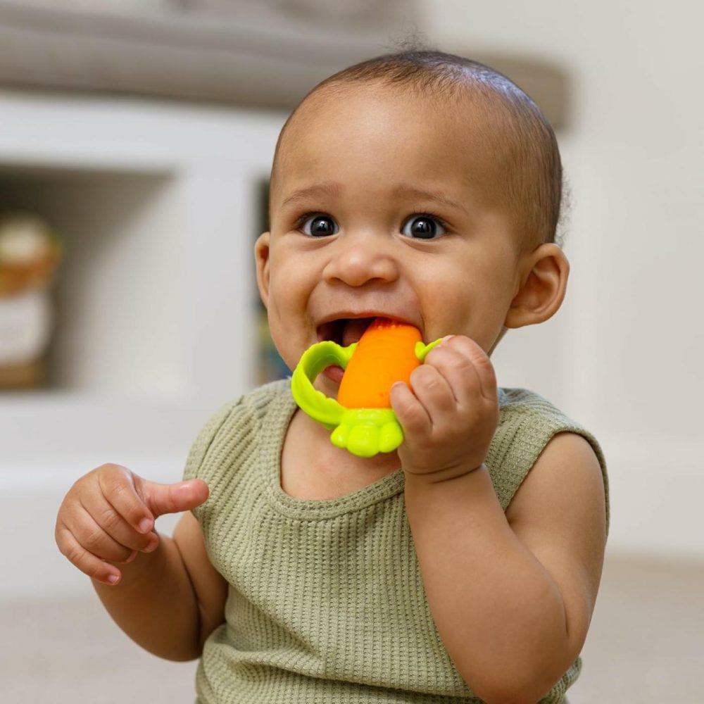 Lil’ Nibbles Textured Silicone Baby Teether – Sensory Exploration And Teething Relief With Easy To Hold Handles  Orange Carrot  0+ Months  |  Teethers All Toys Orange & Green