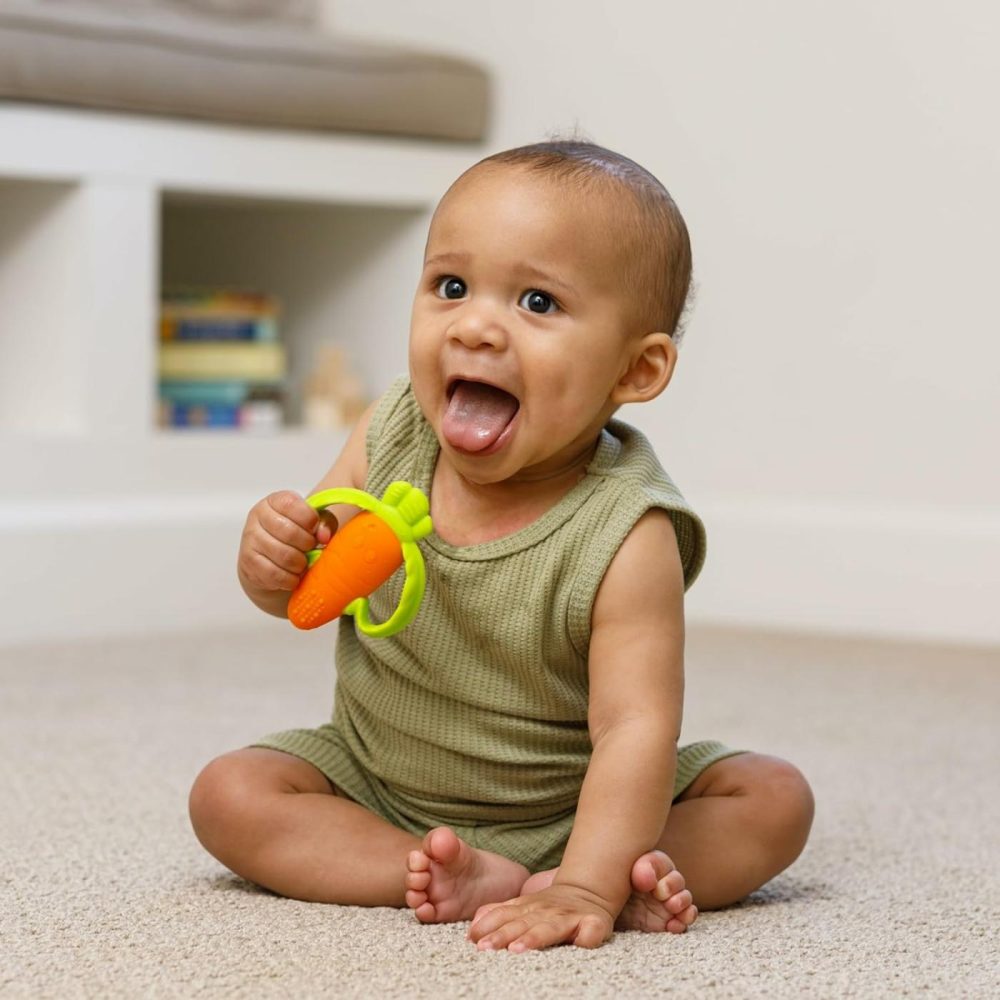 Lil’ Nibbles Textured Silicone Baby Teether – Sensory Exploration And Teething Relief With Easy To Hold Handles  Orange Carrot  0+ Months  |  Teethers All Toys Orange & Green