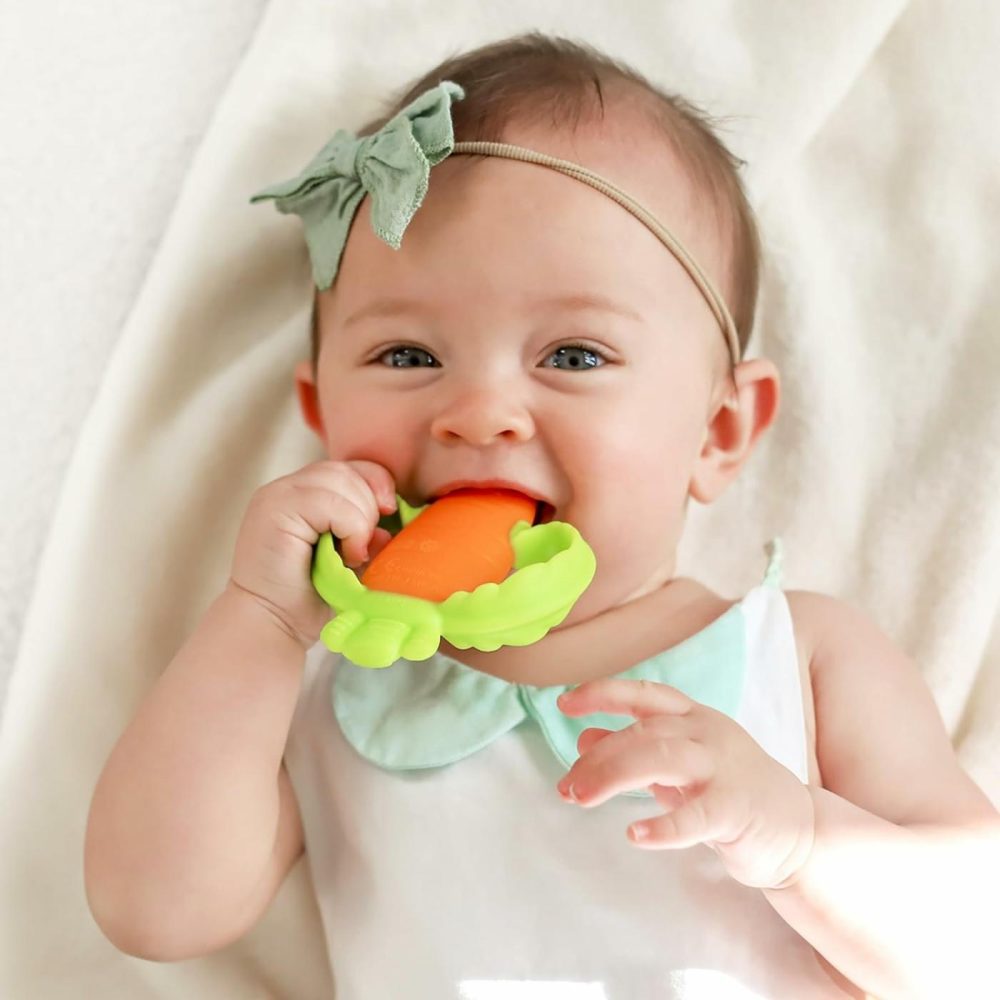 Lil’ Nibbles Textured Silicone Baby Teether – Sensory Exploration And Teething Relief With Easy To Hold Handles  Orange Carrot  0+ Months  |  Teethers All Toys Orange & Green