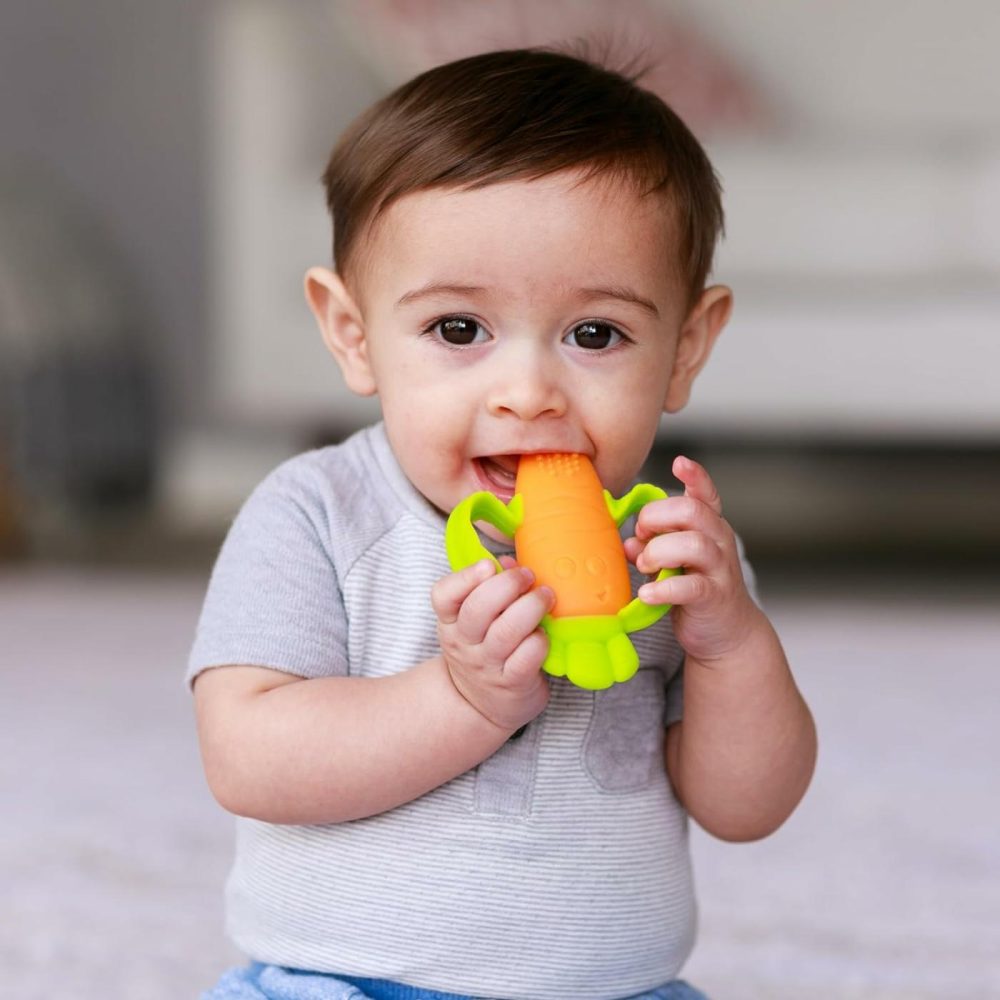 Lil’ Nibbles Textured Silicone Baby Teether – Sensory Exploration And Teething Relief With Easy To Hold Handles  Orange Carrot  0+ Months  |  Teethers All Toys Orange & Green