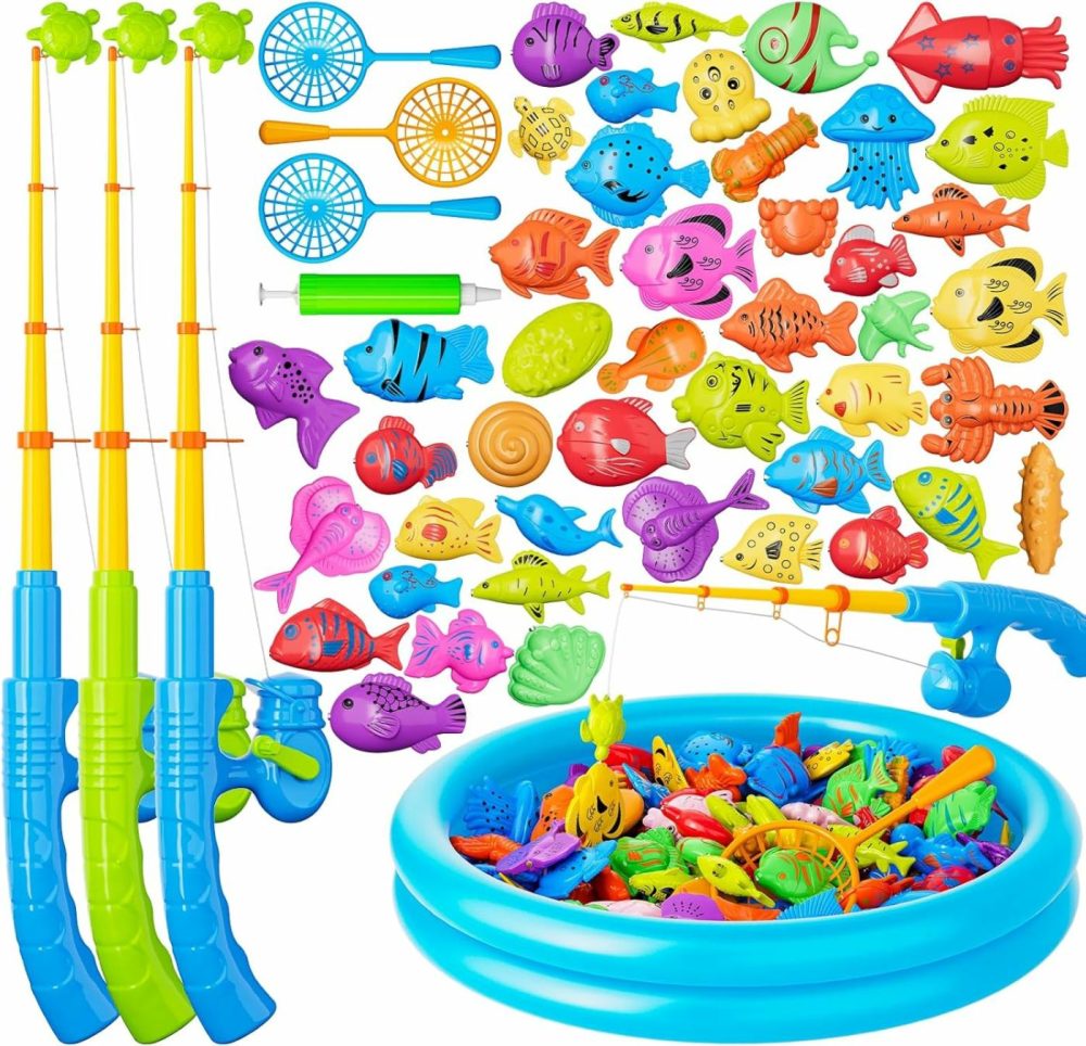 Magnetic Fishing Pool Toys Game For Kids Toddlers 3-5 4-8  Water Table Bathtub Toy With Inflatable Pool Pole Rod Net Plastic Floating Fish  Water Bath Pool Outdoor Toys For Kids Toddlers Baby  |  Bath Toys All Toys Bath Toys