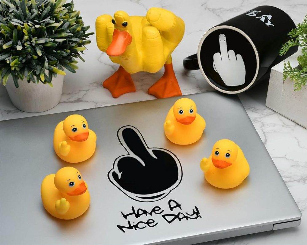 Middle Finger Rubber Ducks 4 Pieces Yellow Rubber Duck 2.16 Inch Funny Car Ornaments Duck For Car Dashboard Decoration  Computer Monitor Decor  |  Bath Toys All Toys Bath Toys