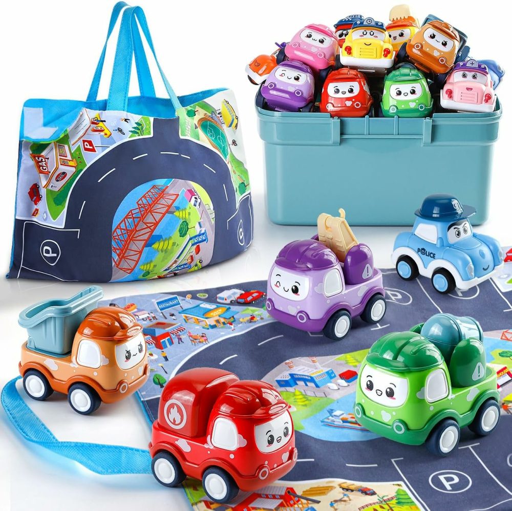 Mini Car Toys For 1 Year Old Boy Gifts  12 Sets Pull-Back Trucks With Playmat/Storage Box For Toddlers Age 1-2  Baby Toys 12-18 Months  1St Christmas Birthday Gifts For One Year Olds  |  Push & Pull Toys All Toys Push & Pull Toys