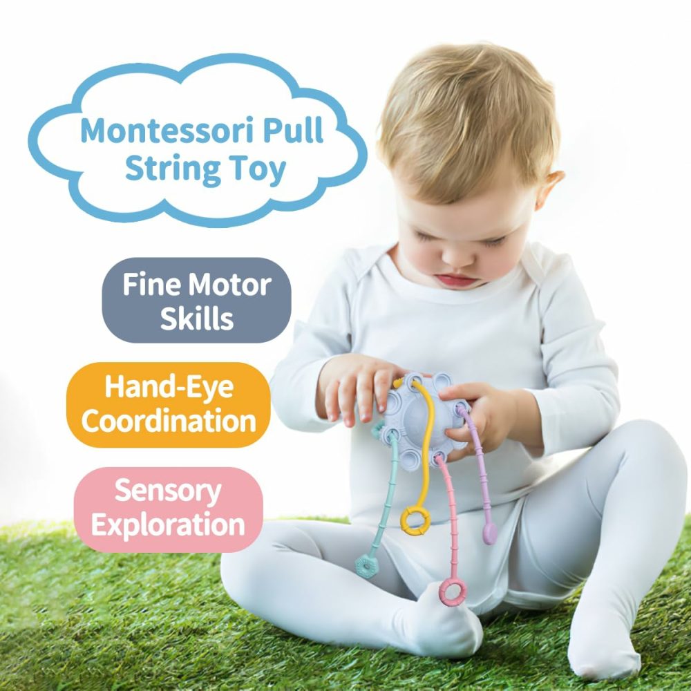 Montesorri-Toys – Pull String Toys For Baby – Made Of 100% Food Grade Silicone With Built-In Rattle Function And Easy To Clean Design (Blue)  |  Push & Pull Toys All Toys Push & Pull Toys