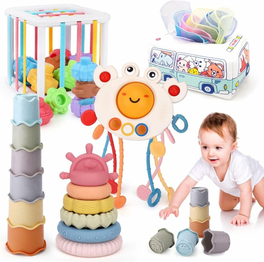 Montessori Baby Toys 5 In 1 Set For 6-12 Months Including Shape Sorter Toys  Pull String Toy In Crab Shape  Baby Stacking Cups  Tissue Box Toys And Stacking& Nesting Baby Toys  Infant Sensory Toys  |  Sorting & Stacking Toys All Toys 5 in 1 Montessori Toys