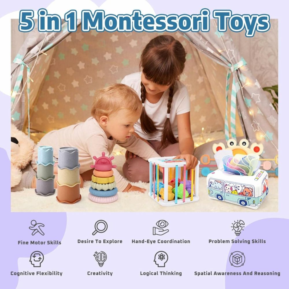 Montessori Baby Toys 5 In 1 Set For 6-12 Months Including Shape Sorter Toys  Pull String Toy In Crab Shape  Baby Stacking Cups  Tissue Box Toys And Stacking& Nesting Baby Toys  Infant Sensory Toys  |  Sorting & Stacking Toys All Toys 5 in 1 Montessori Toys