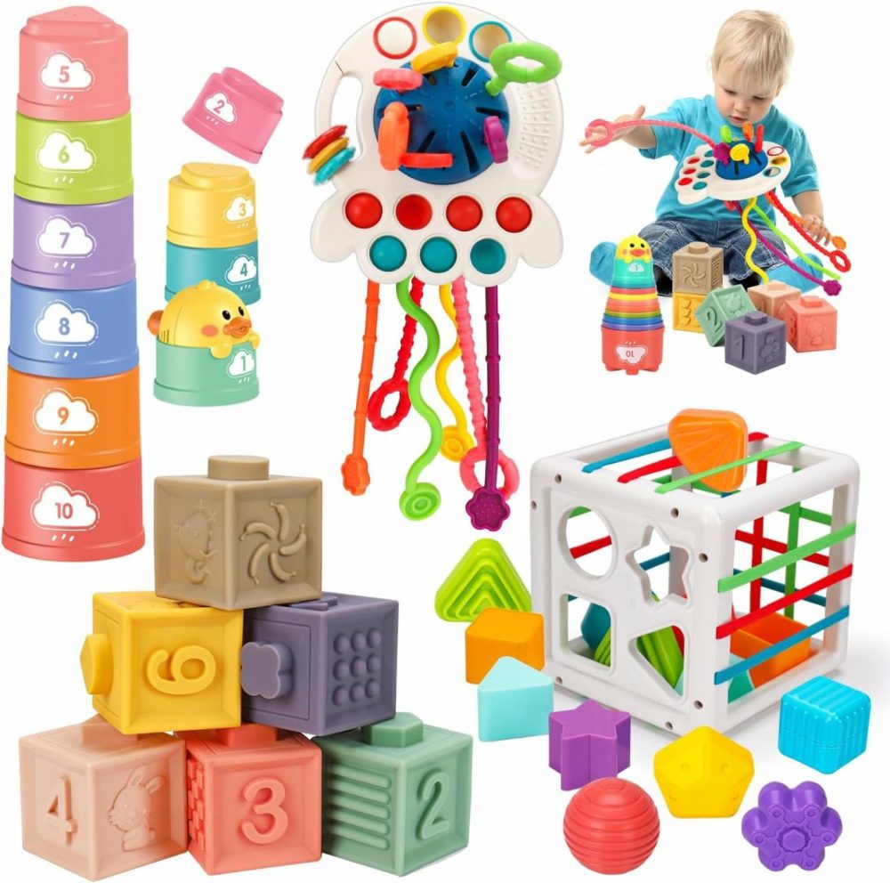 Montessori Baby Toys 6-12-18 Months  Infant Pull String Stacking Cups Shape Sorter Toy 6 7 8 9 10 11 12 M+ Sensory Development Learning Toy 6-9 9-12 Months Birthday Gift For 1 Year Old Boy Girl  |  Sorting & Stacking Toys All Toys Sorting & Stacking Toys