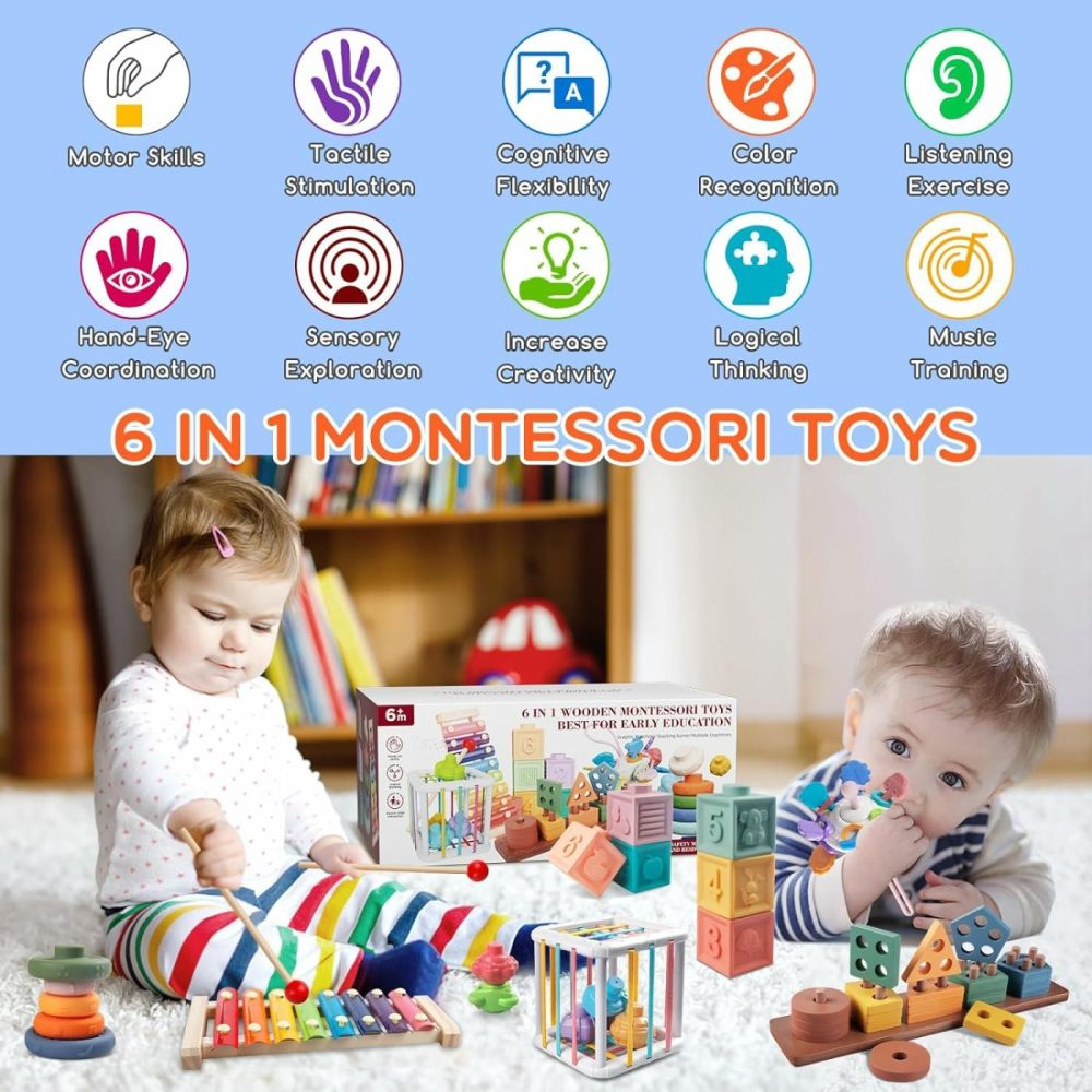 Montessori Baby Toys For 1+ Year Old – Sorting Stacking Learning Toys 6 To 12 Months  Wooden Building Blocks  Xylophone Musical  Infant Teethers Toys For Babies  6 In 1 Toy Gifts For Toddlers  |  Sorting & Stacking Toys All Toys Sorting & Stacking Toys