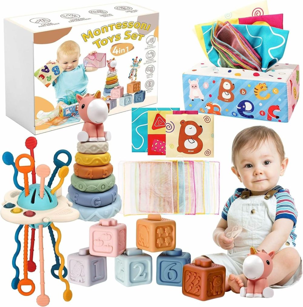 Montessori Baby Toys For 6+ Month Old  4 In 1 Montessori Toys 6 To 12 Months With Baby Stacking Toys  Baby Sensory Toys For 1 Year Old Boy Girl Infant Toddler Toys Gifts Birthday Gifts  |  Sorting & Stacking Toys All Toys Baby Toys