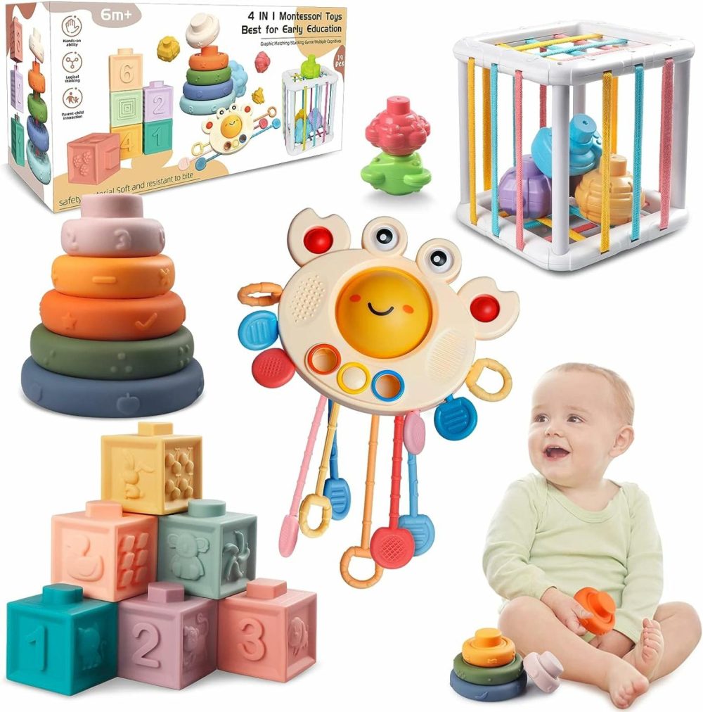 Montessori Baby Toys For Ages 6-18 Months – Pull String Teether  Stacking Blocks  Sensory Shapes & Storage Bin  Infant Bath Time Fun  4 In 1 Toddlers Toy Gifts For 1 2 3 Year Old Boys Girls  |  Sorting & Stacking Toys All Toys Sorting & Stacking Toys