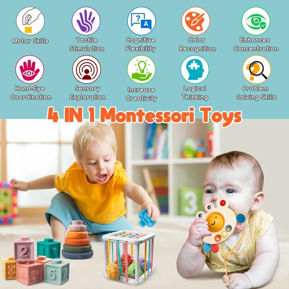 Montessori Baby Toys For Ages 6-18 Months – Pull String Teether  Stacking Blocks  Sensory Shapes & Storage Bin  Infant Bath Time Fun  4 In 1 Toddlers Toy Gifts For 1 2 3 Year Old Boys Girls  |  Sorting & Stacking Toys All Toys Sorting & Stacking Toys