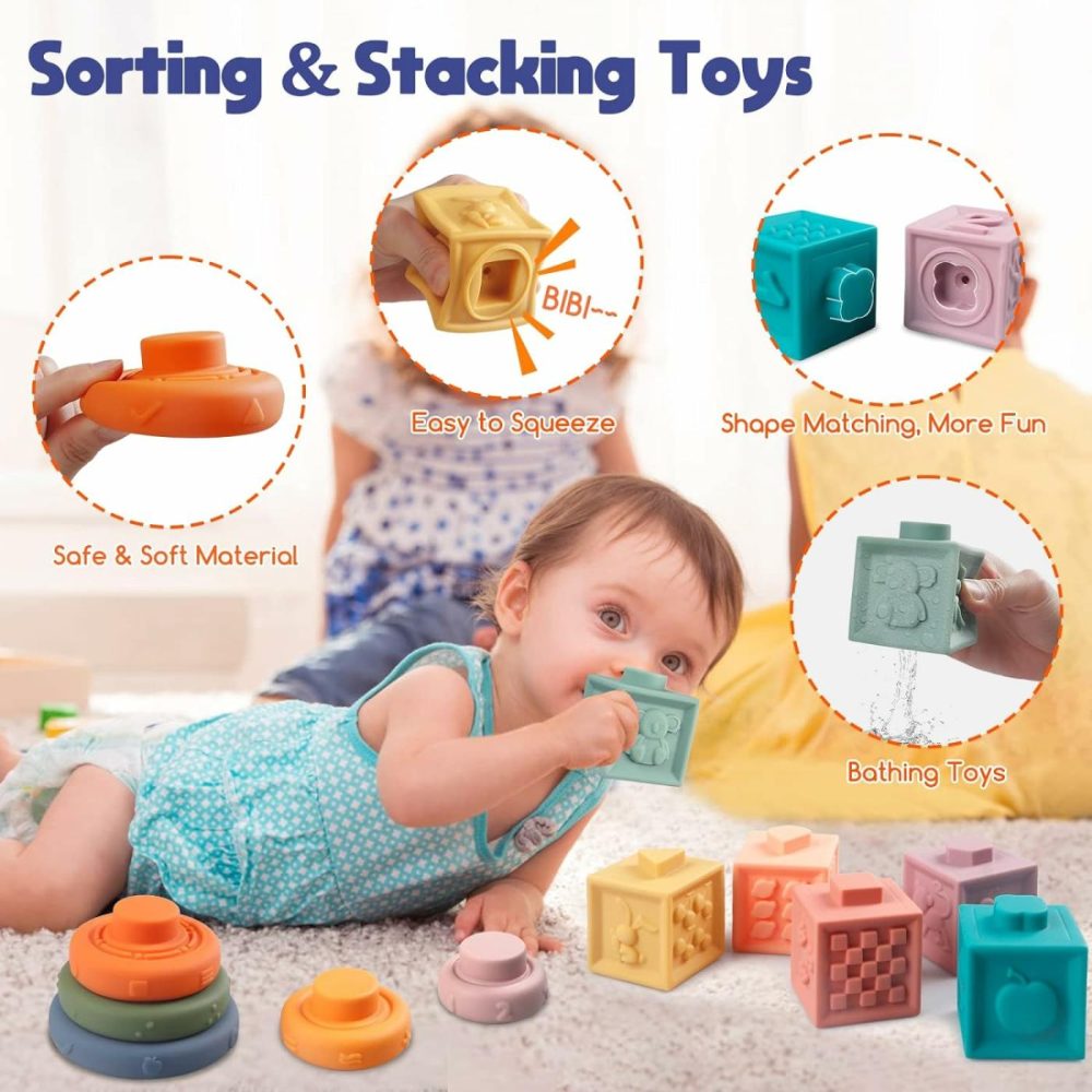 Montessori Baby Toys For Ages 6-18 Months – Pull String Teether  Stacking Blocks  Sensory Shapes & Storage Bin  Infant Bath Time Fun  4 In 1 Toddlers Toy Gifts For 1 2 3 Year Old Boys Girls  |  Sorting & Stacking Toys All Toys Sorting & Stacking Toys