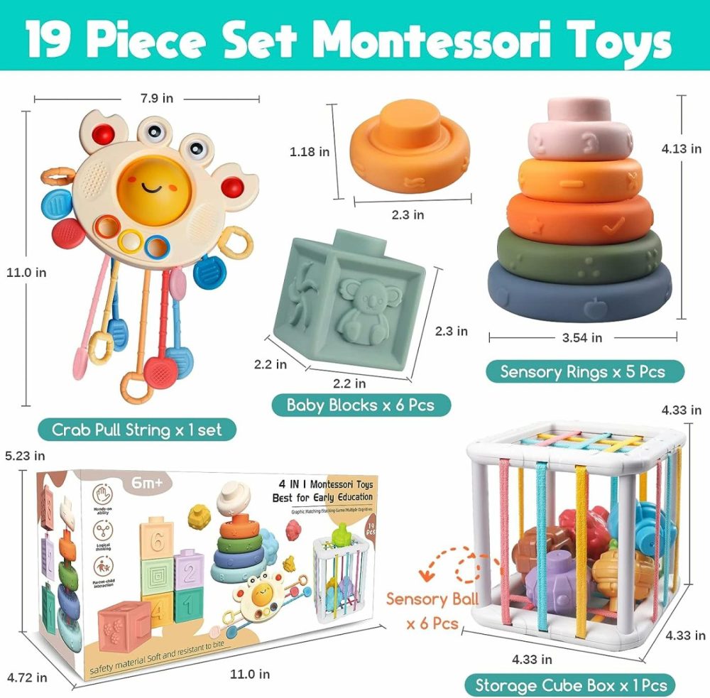 Montessori Baby Toys For Ages 6-18 Months – Pull String Teether  Stacking Blocks  Sensory Shapes & Storage Bin  Infant Bath Time Fun  4 In 1 Toddlers Toy Gifts For 1 2 3 Year Old Boys Girls  |  Sorting & Stacking Toys All Toys Sorting & Stacking Toys