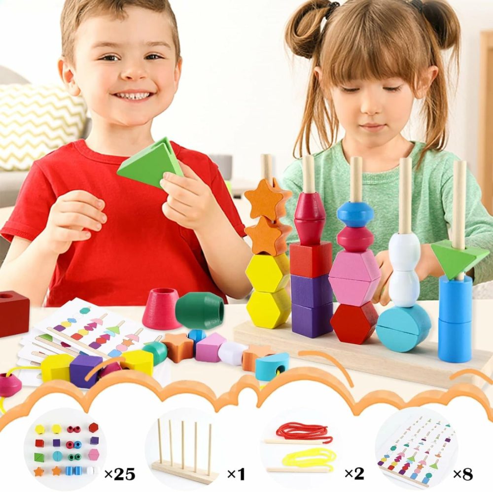 Montessori Beads Sequencing Toy Set  Wooden Stacking Blocks & Lacing Beads & Matching Shape Stacker Stem Preschool Learning Montessori Toys Gifts For 2 3 4 5 Year Old  |  Sorting & Stacking Toys All Toys Sorting & Stacking Toys