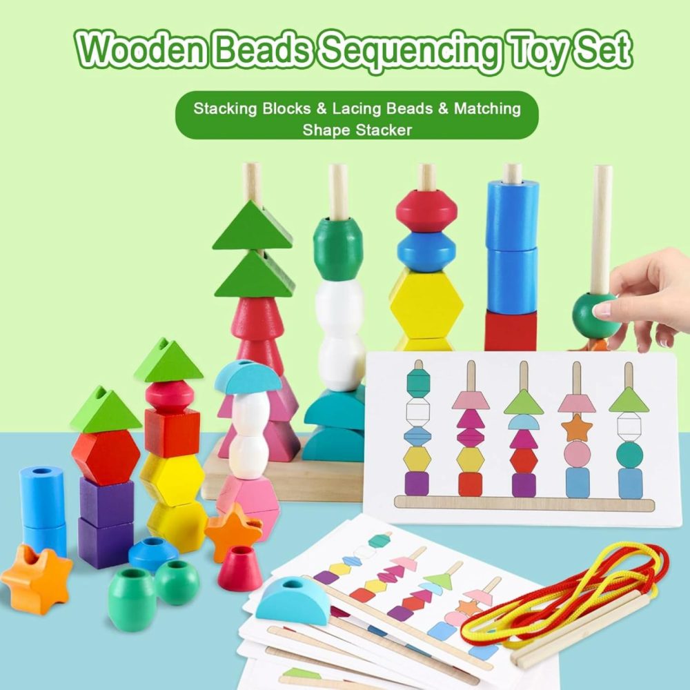 Montessori Beads Sequencing Toy Set  Wooden Stacking Blocks & Lacing Beads & Matching Shape Stacker Stem Preschool Learning Montessori Toys Gifts For 2 3 4 5 Year Old  |  Sorting & Stacking Toys All Toys Sorting & Stacking Toys