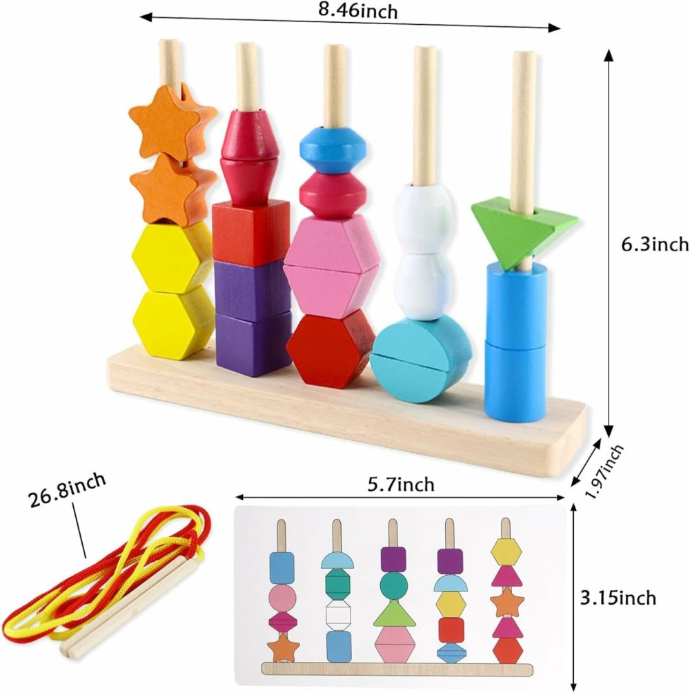 Montessori Beads Sequencing Toy Set  Wooden Stacking Blocks & Lacing Beads & Matching Shape Stacker Stem Preschool Learning Montessori Toys Gifts For 2 3 4 5 Year Old  |  Sorting & Stacking Toys All Toys Sorting & Stacking Toys