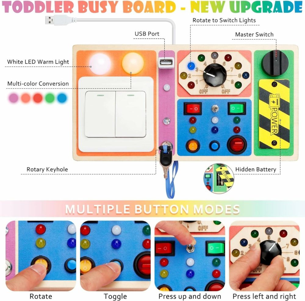 Montessori Busy Board  Baby Sensory Board For Toddlers 1 2 3 4 Year Old  Wooden Busy Board With 19 Led Light  Switch Toys  Toddler Button Toy  Christmas & Birthday Gift For Toddler  |  Sorting & Stacking Toys All Toys Sorting & Stacking Toys