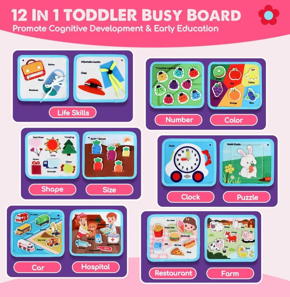 Montessori Busy Board For Toddlers 2-4  Busy Book For Toddlers 1-3  Activity Books For Airplane Car  2 Year Old Girl Toys Gift  Sensory Travel Toys  Preschool Learning Busy Book (Pink)  |  Sorting & Stacking Toys All Toys Pink