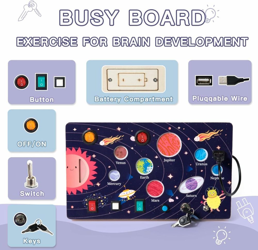 Montessori Busy Board For Toddlers Solar System Toddler Busy Board Sensory Activity Board Toys Light Switch Travel Toys For 1+ Year Old Boys & Girls Gifts  Wooden Busy Board  Travel Busy Board  |  Sorting & Stacking Toys All Toys Sorting & Stacking Toys