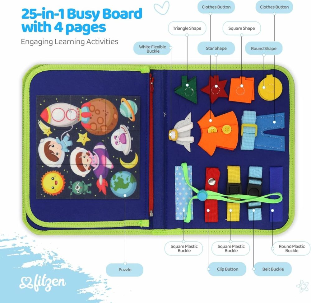 Montessori Busy Board – Sensory And Educational Toy For Toddlers 3-5 Enhances Fine Motor Skills And Learning Toddler Travel Toys For Plane Car Busy Board Preschool – 4 Pages (Blue)  |  Sorting & Stacking Toys All Toys Blue