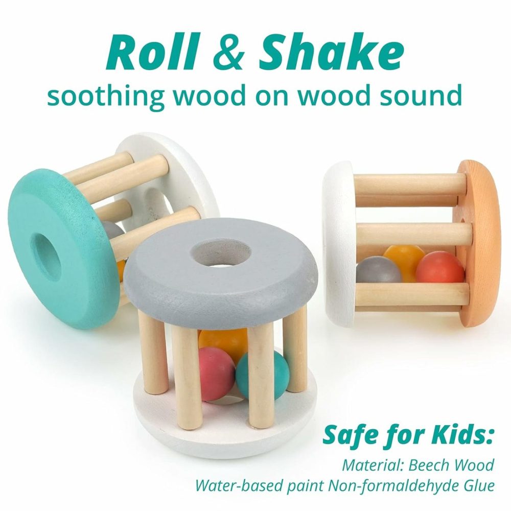 Montessori Infant Toys  Natural Wood Rolling Rattle Toy For Babies Ages 0M – 2Yrs (White Base – 3Pcs)  |  Rattles & Plush Rings All Toys Rattles & Plush Rings