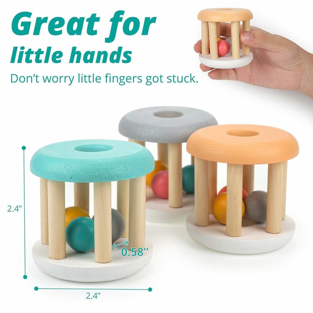 Montessori Infant Toys  Natural Wood Rolling Rattle Toy For Babies Ages 0M – 2Yrs (White Base – 3Pcs)  |  Rattles & Plush Rings All Toys Rattles & Plush Rings