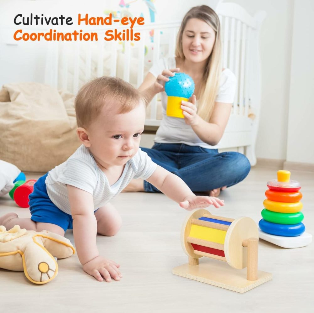 Montessori Spinning Drum Baby Toy For 6-12 Months Old  Tummy Time Toys  Wooden Spinning Rainbow Babytoys For Boy And Girls  |  Rattles & Plush Rings All Toys Rattles & Plush Rings