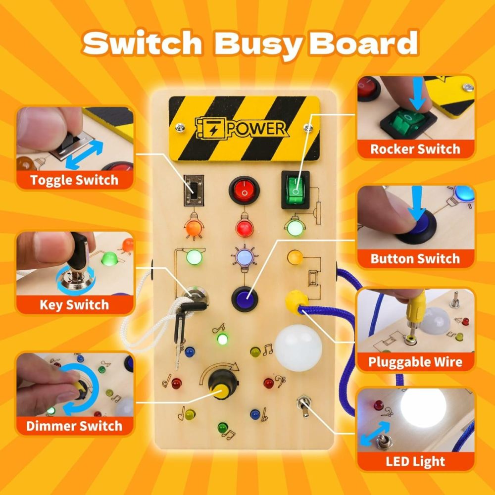 Montessori Switch Busy Board With Led Light – Montessori Toys For 1 2 3 4 Year Old  Wooden Toddler Busy Boards Light Switches Toy  Travel Educational Sensory Toys For Toddlers 1-3 Boys Girls  |  Sorting & Stacking Toys All Toys Sorting & Stacking Toys