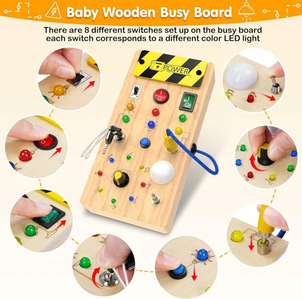 Montessori Toddler Toys-Baby Wooden Busy Board-Sensory Toys With Light Switch-Baby Travel Toys-Preschool Educational Learning Activities Toys-Gifts For Boys Girls Ages 1 2 3 4+ Year Old  |  Sorting & Stacking Toys All Toys Sorting & Stacking Toys