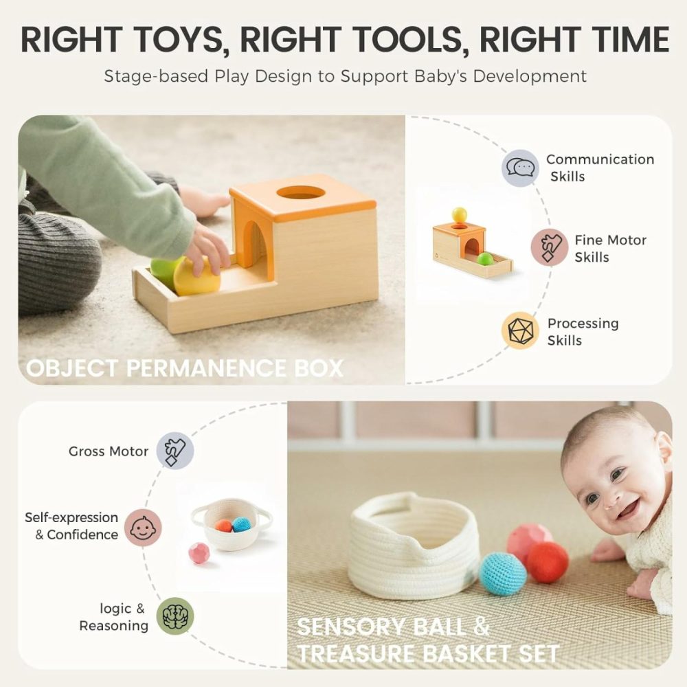 Montessori Toy Set For Babies 6-9 Months – 4-In-1 Wooden Learning Toys With Object Permanence Box  Sensory Ball & Treasure Basket  Stacking Cups And Mirror Puzzle  |  Sorting & Stacking Toys All Toys Sorting & Stacking Toys