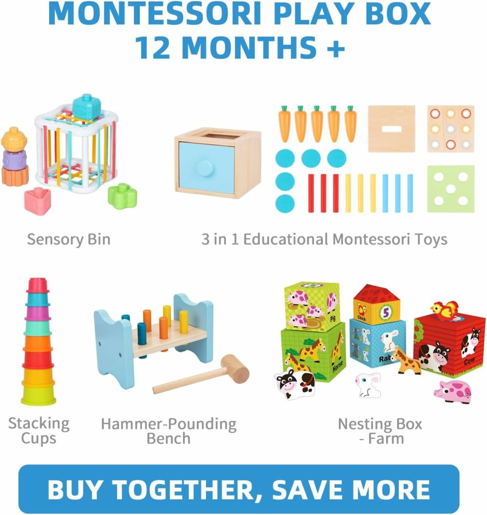 Montessori Toys For 1 Year Old  7 In 1 Learning Educational Kit With Sensory Bin,Nesting Box  3 In 1 Educational Box,Pounding Bench And Baby Stacking Cups  |  Sorting & Stacking Toys All Toys Sorting & Stacking Toys