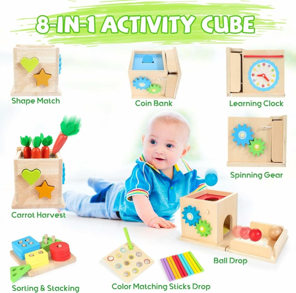 Montessori Toys For 1+ Year Old  8-In-1 Wooden Play Kit Includes Object Permanent Box  Learning Activity Cube  Sorting & Stacking Toy  Carrot Harvest Game  Gift For Boys Girls Age 12+ Months  |  Sorting & Stacking Toys All Toys Sorting & Stacking Toys