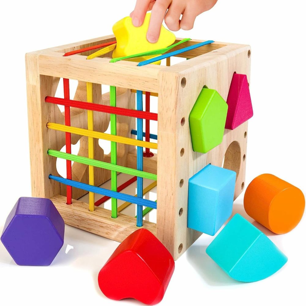 Montessori Toys For 1+ Year Old  Wooden Sorter Cube With 8Pcs Rattling Shapes  Developmental Learning Toy Gifts For Baby Toddler Boys Girls  Gift Packaging  |  Sorting & Stacking Toys All Toys Sorting & Stacking Toys