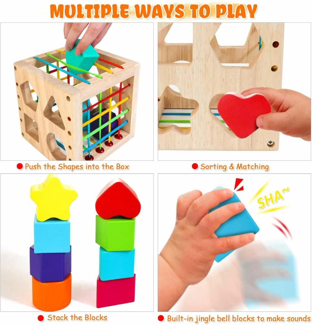 Montessori Toys For 1+ Year Old  Wooden Sorter Cube With 8Pcs Rattling Shapes  Developmental Learning Toy Gifts For Baby Toddler Boys Girls  Gift Packaging  |  Sorting & Stacking Toys All Toys Sorting & Stacking Toys