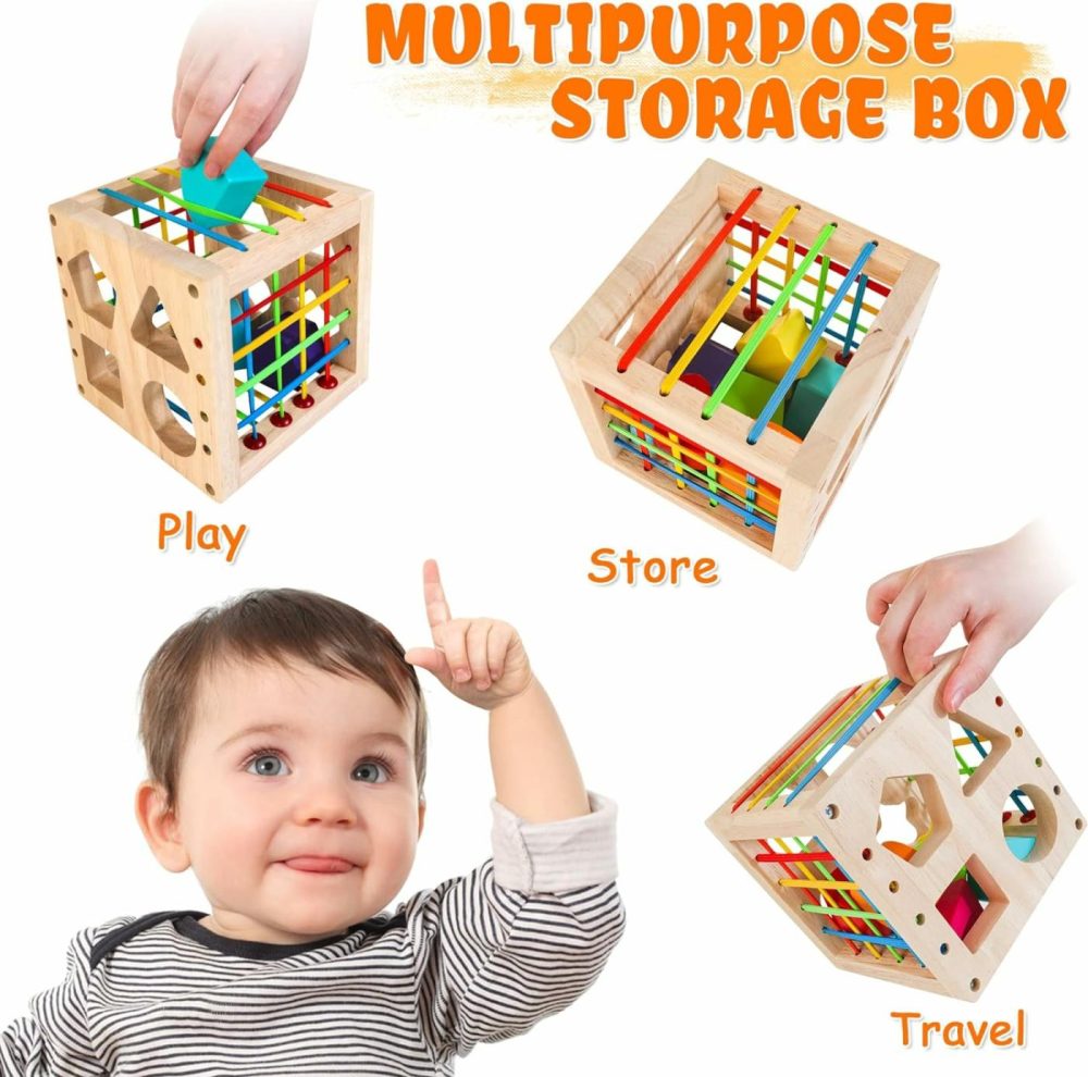 Montessori Toys For 1+ Year Old  Wooden Sorter Cube With 8Pcs Rattling Shapes  Developmental Learning Toy Gifts For Baby Toddler Boys Girls  Gift Packaging  |  Sorting & Stacking Toys All Toys Sorting & Stacking Toys