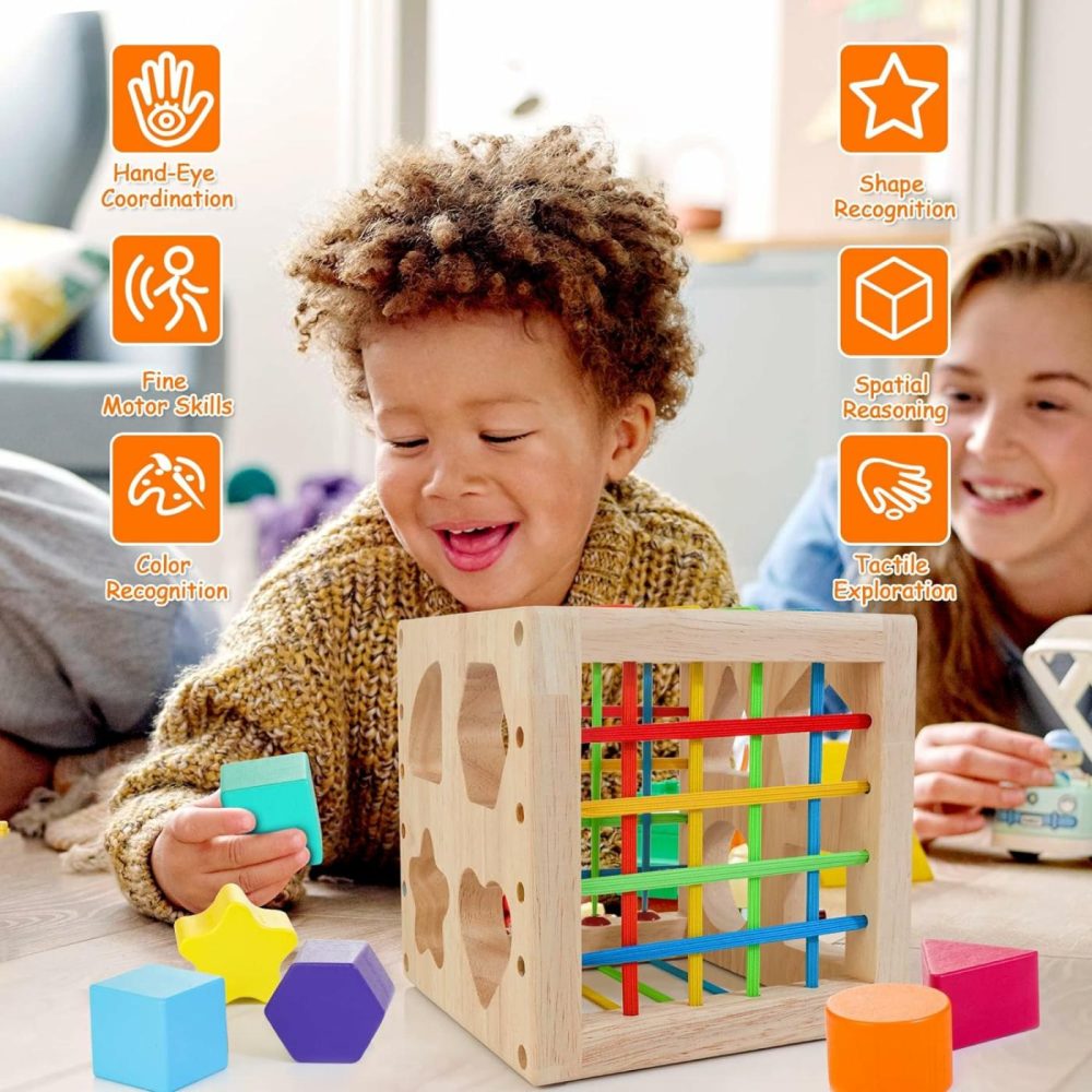 Montessori Toys For 1+ Year Old  Wooden Sorter Cube With 8Pcs Rattling Shapes  Developmental Learning Toy Gifts For Baby Toddler Boys Girls  Gift Packaging  |  Sorting & Stacking Toys All Toys Sorting & Stacking Toys