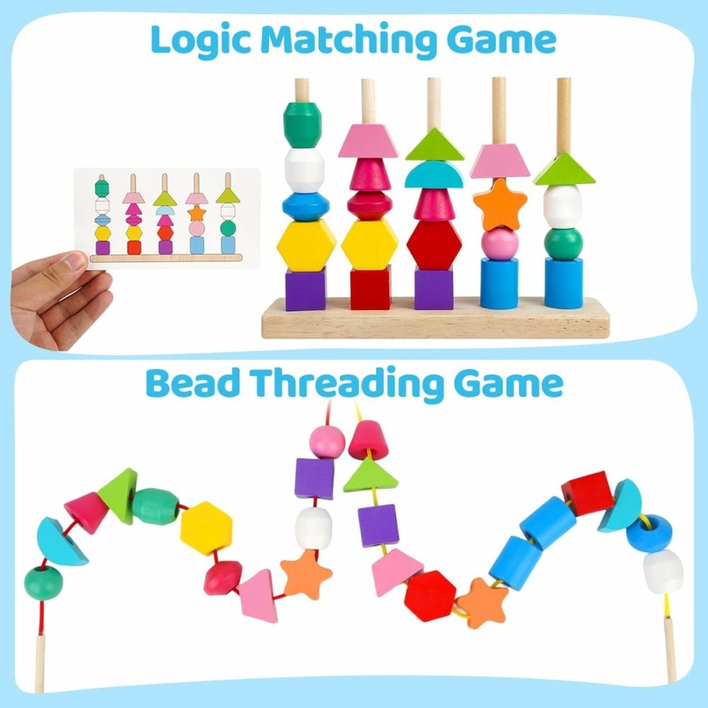 Montessori Toys For 2 3 4 5 Year Old Toddler  Wooden Beads Sequencing Toy  Lacing Beads  Stacking Block & Shape Stacker Toy  Preschool Learning Toy Birthday Gift For Kids Boys Girls  |  Sorting & Stacking Toys All Toys Sorting & Stacking Toys