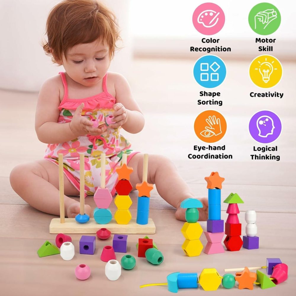 Montessori Toys For 2 3 4 5 Year Old Toddler  Wooden Beads Sequencing Toy  Lacing Beads  Stacking Block & Shape Stacker Toy  Preschool Learning Toy Birthday Gift For Kids Boys Girls  |  Sorting & Stacking Toys All Toys Sorting & Stacking Toys