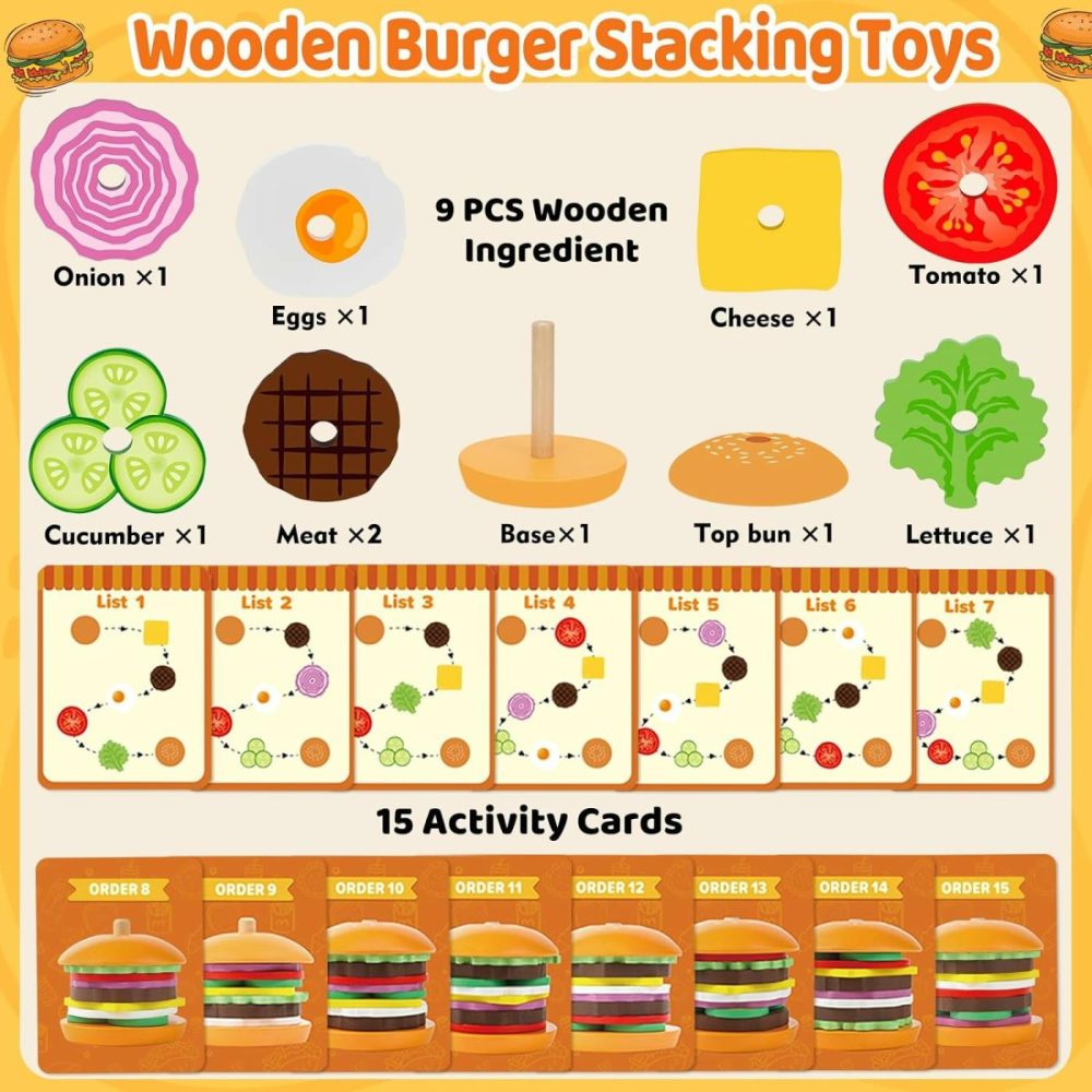 Montessori Toys For 2  3  4  5  Year Old  Wooden Burger Stacking Toys  Fine Motor Toys For Kids Boys Girls  Ideal Preschool Educational And Learning Toys  Perfect Christmas Birthday Gifts  |  Sorting & Stacking Toys All Toys Sorting & Stacking Toys