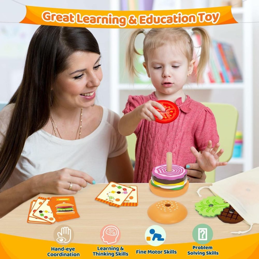 Montessori Toys For 2  3  4  5  Year Old  Wooden Burger Stacking Toys  Fine Motor Toys For Kids Boys Girls  Ideal Preschool Educational And Learning Toys  Perfect Christmas Birthday Gifts  |  Sorting & Stacking Toys All Toys Sorting & Stacking Toys