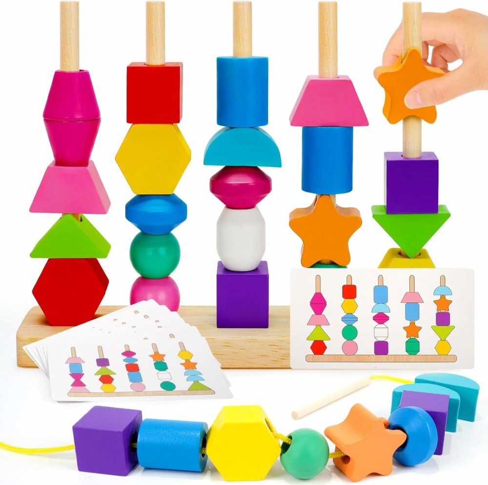 Montessori Toys For 2 3 4 Year Old Kid Boy Girl Toddler  Montessori Wooden Beads Sequencing Toy Set  Lacing Beads & Stacking Block & Matching Shape Stacker  Stem Preschool Learning Toy Birthday Gift  |  Sorting & Stacking Toys All Toys Sorting & Stacking Toys