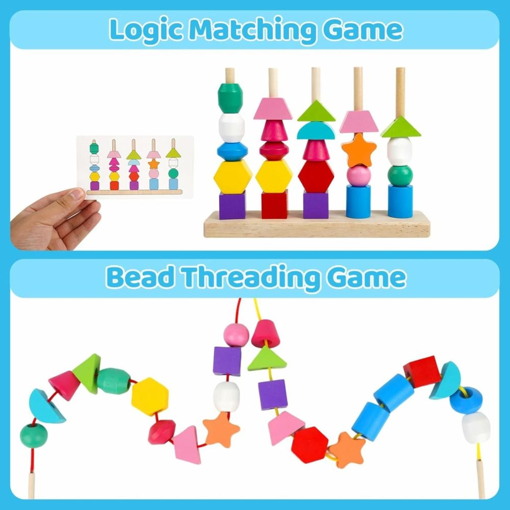 Montessori Toys For 2 3 4 Year Old Kid Boy Girl Toddler  Montessori Wooden Beads Sequencing Toy Set  Lacing Beads & Stacking Block & Matching Shape Stacker  Stem Preschool Learning Toy Birthday Gift  |  Sorting & Stacking Toys All Toys Sorting & Stacking Toys