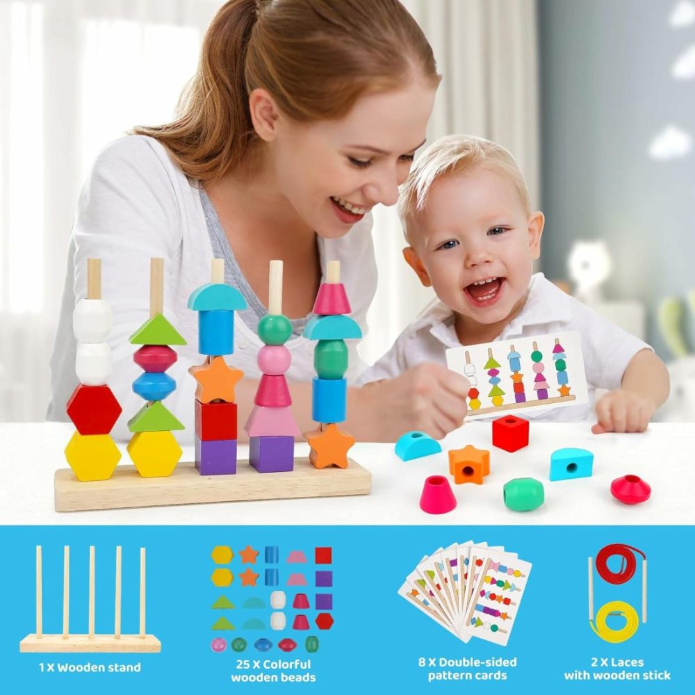 Montessori Toys For 2 3 4 Year Old Kid Boy Girl Toddler  Montessori Wooden Beads Sequencing Toy Set  Lacing Beads & Stacking Block & Matching Shape Stacker  Stem Preschool Learning Toy Birthday Gift  |  Sorting & Stacking Toys All Toys Sorting & Stacking Toys