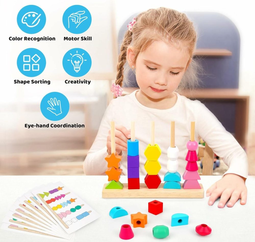 Montessori Toys For 2 3 4 Year Old Kid Boy Girl Toddler  Montessori Wooden Beads Sequencing Toy Set  Lacing Beads & Stacking Block & Matching Shape Stacker  Stem Preschool Learning Toy Birthday Gift  |  Sorting & Stacking Toys All Toys Sorting & Stacking Toys