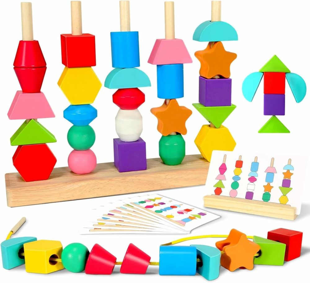 Montessori Toys For 2 3 4 Year Old Wooden Shape Matching Game & Lacing Beads Preschool Learning Activities Fine Motor Skills Toys Sorting Stacking Toddler Toys Age 2-4 Boys Girls  |  Sorting & Stacking Toys All Toys Sorting & Stacking Toys