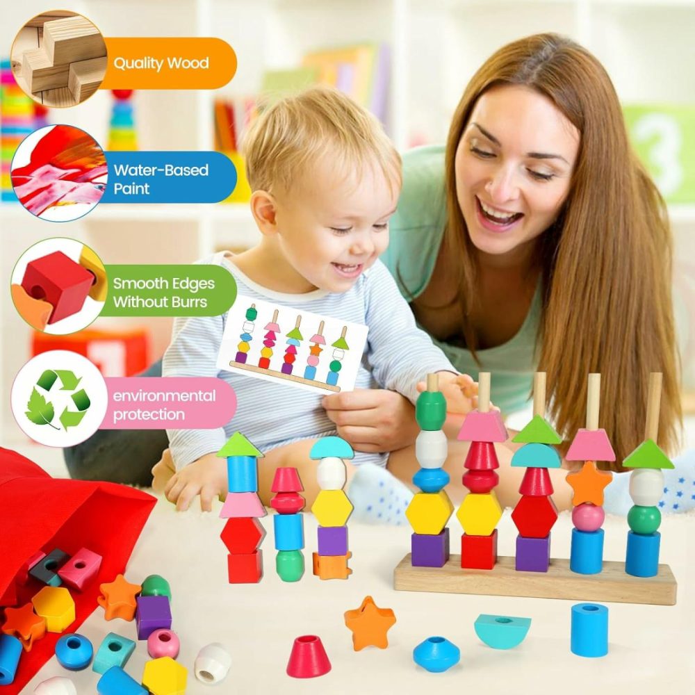 Montessori Toys For 2 3 4 Year Old Wooden Shape Matching Game & Lacing Beads Preschool Learning Activities Fine Motor Skills Toys Sorting Stacking Toddler Toys Age 2-4 Boys Girls  |  Sorting & Stacking Toys All Toys Sorting & Stacking Toys